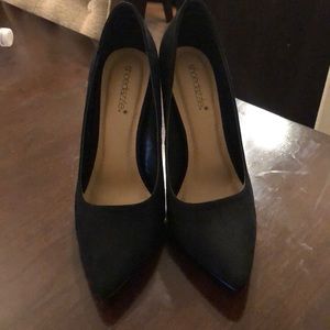 Black suede with gold heel